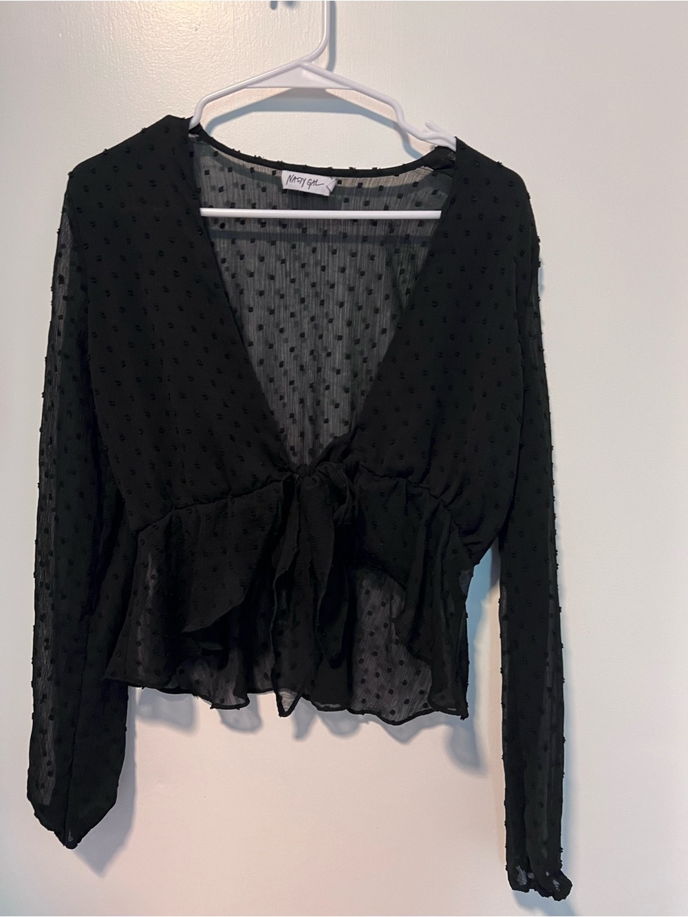 Nasty Gal Black Sheer Dotted Tie-Front Blouse